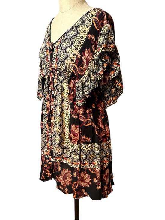 Angie Boho Mini Dress Womens Medium Black Floral Patchwork Button Front Flowy - Picture 2 of 9